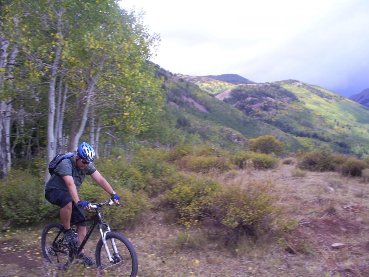 A person riding a mountain bike on a dirt trail surrounded by green foliage and rolling hills, with a dramatic sky in the background. The cyclist is wearing a helmet and a backpack, focused on navigating the path. The Whole Enchilada mountain bike trail.