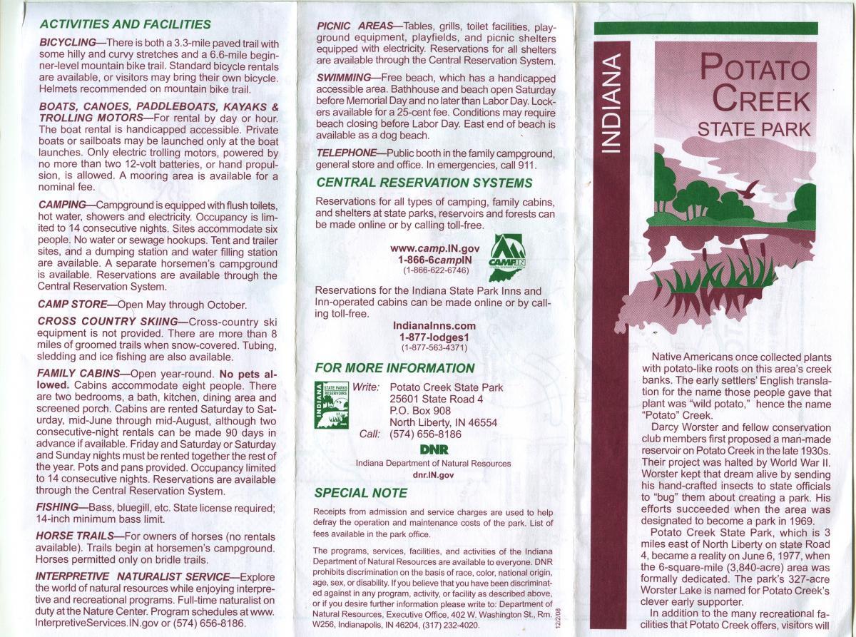 A folded brochure for Potato Creek State Park in Indiana, detailing various activities and facilities available at the park. The brochure includes information on biking, boating, camping, picnicking, swimming, fishing, horse trails, and more, along with contact information and reservation details. Various sections highlight amenities such as family cabins, interpretive nature programs, and a special note regarding park operations. The brochure features a map and imagery related to the park's landscapes. Potato Creek State Park mountain bike trail.