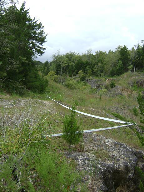 A rocky landscape with sparse vegetation, featuring a narrow trail lined with tall, green trees on either side. A white measuring tape is stretched diagonally across the scene, indicating a marked area within the natural setting, under an overcast sky. Haile's Trails mountain bike trail.