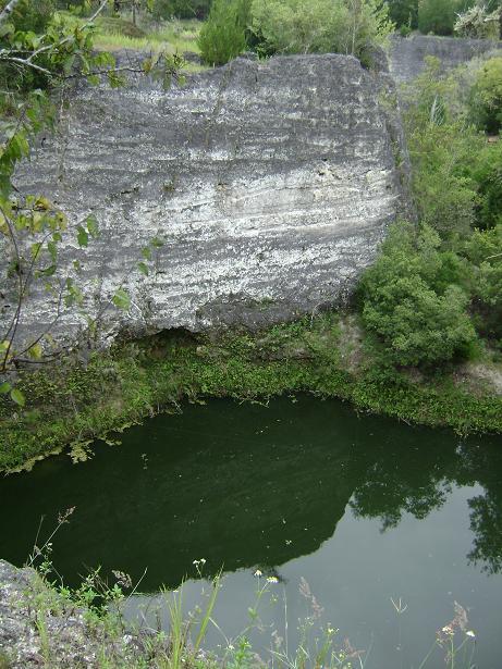 A serene view of a deep, green pond surrounded by rocky cliffs and lush vegetation, featuring layered rock formations and overhanging trees. The water reflects the greenery above, creating a tranquil natural scene. Haile's Trails mountain bike trail.