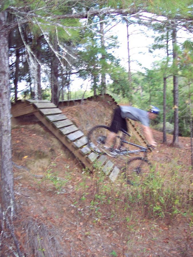 A mountain biker in motion navigating a wooden ramp in a wooded area, surrounded by trees and nature. The biker is wearing a helmet and sports gear, with the bike positioned for a descent down the ramp. The scene captures the excitement of mountain biking on a trail. Santos mountain bike trail.