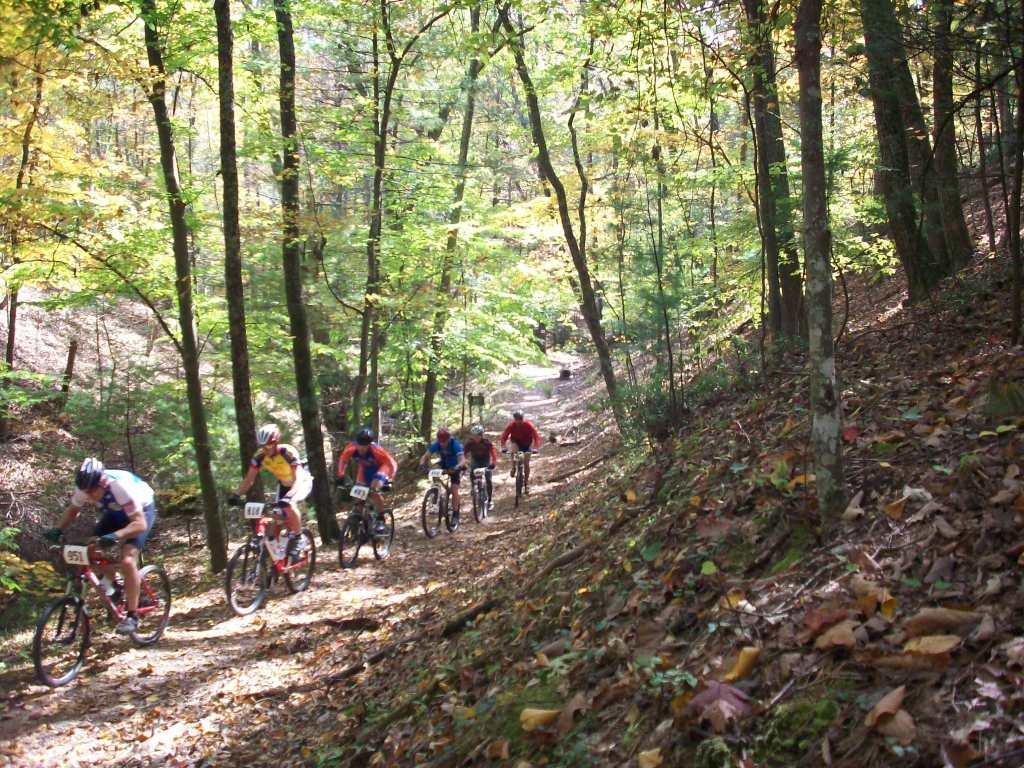 A group of mountain bikers riding along a narrow dirt trail surrounded by lush trees with vibrant autumn foliage. The bikers are wearing colorful jerseys and helmets, navigating through a forest area on a sunny day. Douthat State Park mountain bike trail.