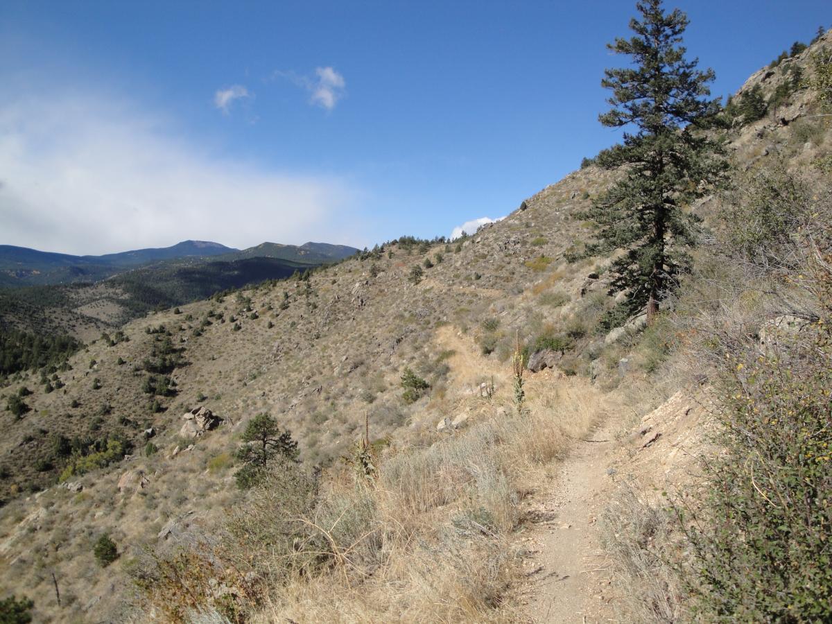 A winding dirt path leads through a mountainous landscape, flanked by sparse vegetation and rocky terrain. In the distance, rolling hills and mountains are visible under a clear blue sky with a few scattered clouds. Centennial Cone Park mountain bike trail.