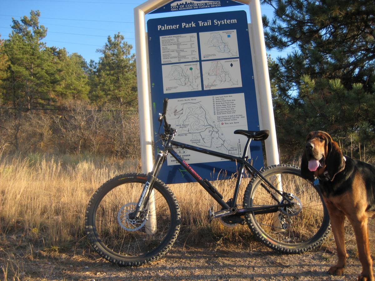 A mountain bike leaning against a trail map sign for the Palmer Park Trail System, with a friendly dog standing beside it in a grassy area surrounded by trees. The scene captures a sunny day in a natural environment, highlighting recreational opportunities in the park. Palmer Park mountain bike trail.