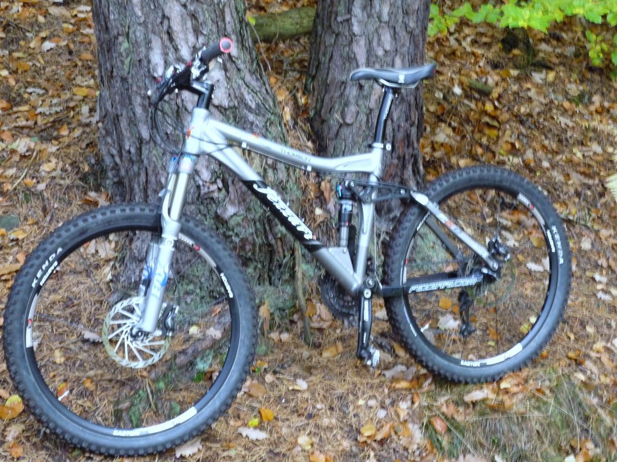 A silver mountain bike leaning against a tree, surrounded by fallen leaves on the ground. The bike features thick tires and a suspension system, suitable for off-road riding. Tower Trail mountain bike trail.