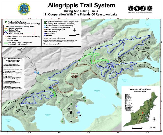 Map of the Allegrippis Trail System, detailing hiking and biking trails in the Raystown Lake area. Features include trailheads with parking, various trail types (dirt and road), visitor center, camping facilities, and points of interest. The map also highlights seasonal amenities and the location of Raystown Lake within the Northeastern United States. Allegrippis Trails mountain bike trail.