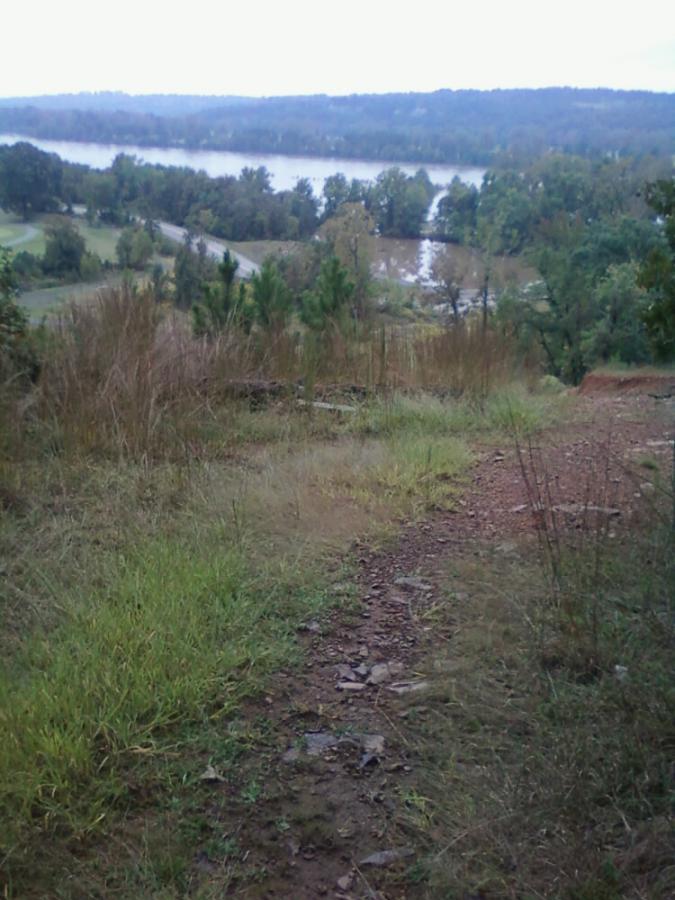 A grassy path leads down a slope toward a river, surrounded by trees and foliage. The sky is overcast, creating a muted atmosphere, and the landscape features a mix of grass, dirt, and rocky areas. The river is visible in the distance, reflecting the cloudy sky. Burns Park mountain bike trail.