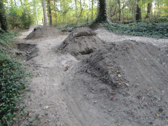A dirt bike trail in a wooded area featuring several large dirt mounds or jumps, surrounded by trees and greenery. The path is sandy, indicating frequent use. Lake Maury mountain bike trail.