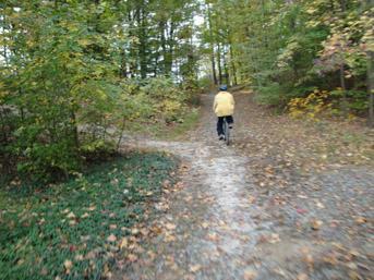 A person in a yellow jacket riding a bicycle down a gravel path surrounded by trees, with fallen leaves on the ground, indicating an autumn setting. Lake Maury mountain bike trail.
