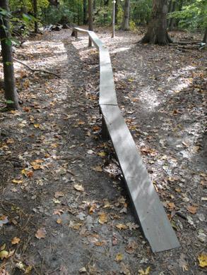 A wooden pathway runs through a forested area, surrounded by trees with green leaves and scattered autumn foliage on the ground. The pathway appears slightly elevated and stretches away into the distance. Lake Maury mountain bike trail.