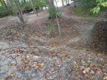A forested area featuring a dirt path winding through a landscape of fallen leaves, with trees on either side. The terrain has a slight dip or depression, suggesting a natural path carved by water or erosion. The background hints at a water source, likely a river or pond, partially visible through the trees. Lake Maury mountain bike trail.