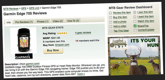 Image of a Garmin Edge 705 review page, featuring product details such as average rating, MSRP, and purchasing options, alongside a photo of the Garmin device and a nature scene with deer.