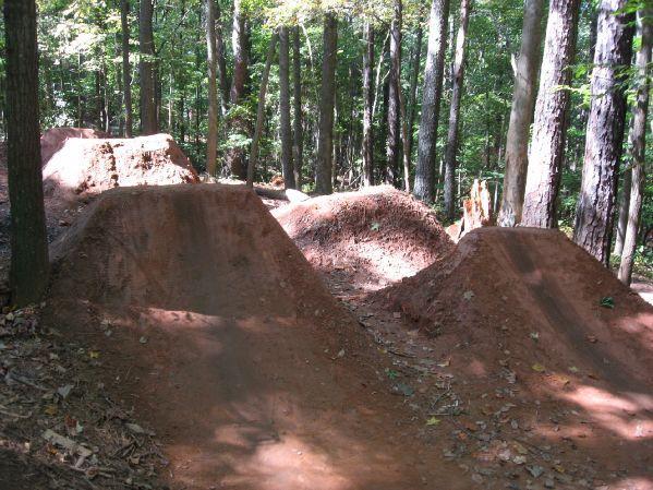 A dirt bike jump setup in a wooded area, featuring several large, smooth mounds of dirt designed for jumping. The setting is surrounded by tall trees and sunlight filtering through the leaves, creating a natural outdoor atmosphere. Big Creek mountain bike trail.