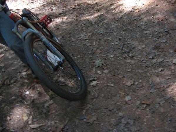 A close-up view of a bicycle on a dirt trail, partially obscured with fallen leaves. The focus is on the bike's front wheel and part of the frame, set against a natural, wooded background. Big Creek mountain bike trail.