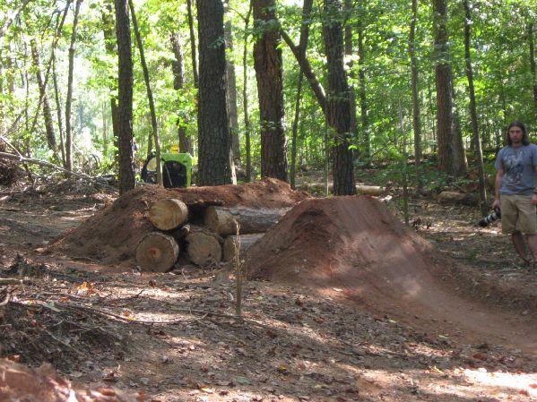 A dirt jump ramp made from soil and logs, set in a wooded area with tall trees and dappled sunlight. In the foreground, a rider stands next to the ramp, observing the surroundings. The ground is covered in fallen leaves and twigs, creating a natural environment for outdoor sports. Big Creek mountain bike trail.