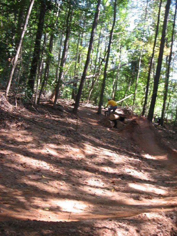 A cyclist in a yellow shirt navigates a dirt bike trail in a wooded area, surrounded by tall trees and dappled sunlight filtering through the leaves. The rider is positioned in mid-action, climbing over a dirt mound on the trail. Big Creek mountain bike trail.