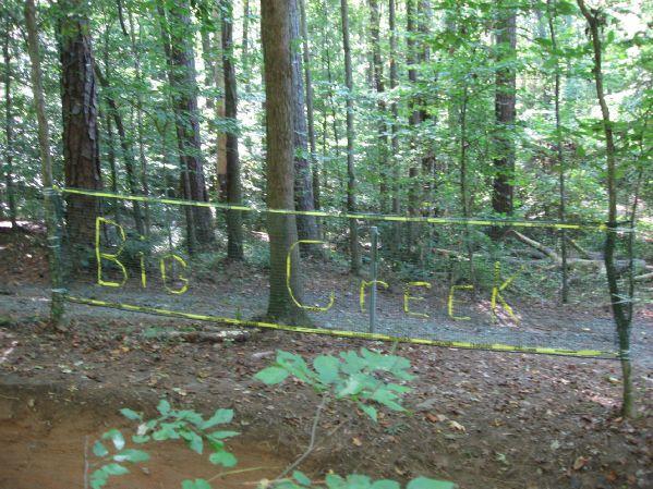 A hand-painted sign reading "Big Creek" is stretched across a forested area, surrounded by tall trees and dense greenery, indicating a trail or area designated for exploration. Big Creek mountain bike trail.