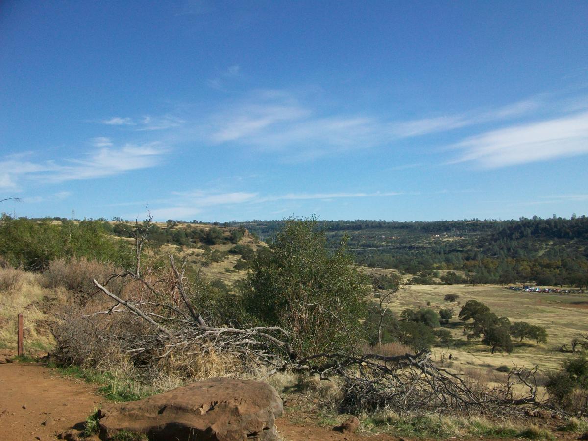 A scenic landscape featuring rolling hills and an expansive blue sky with scattered clouds. In the foreground, there are patches of grass, some fallen branches, and a dirt pathway leading into the view. The background showcases a lush valley with trees and hills extending into the distance. Upper Bidwell Park mountain bike trail.
