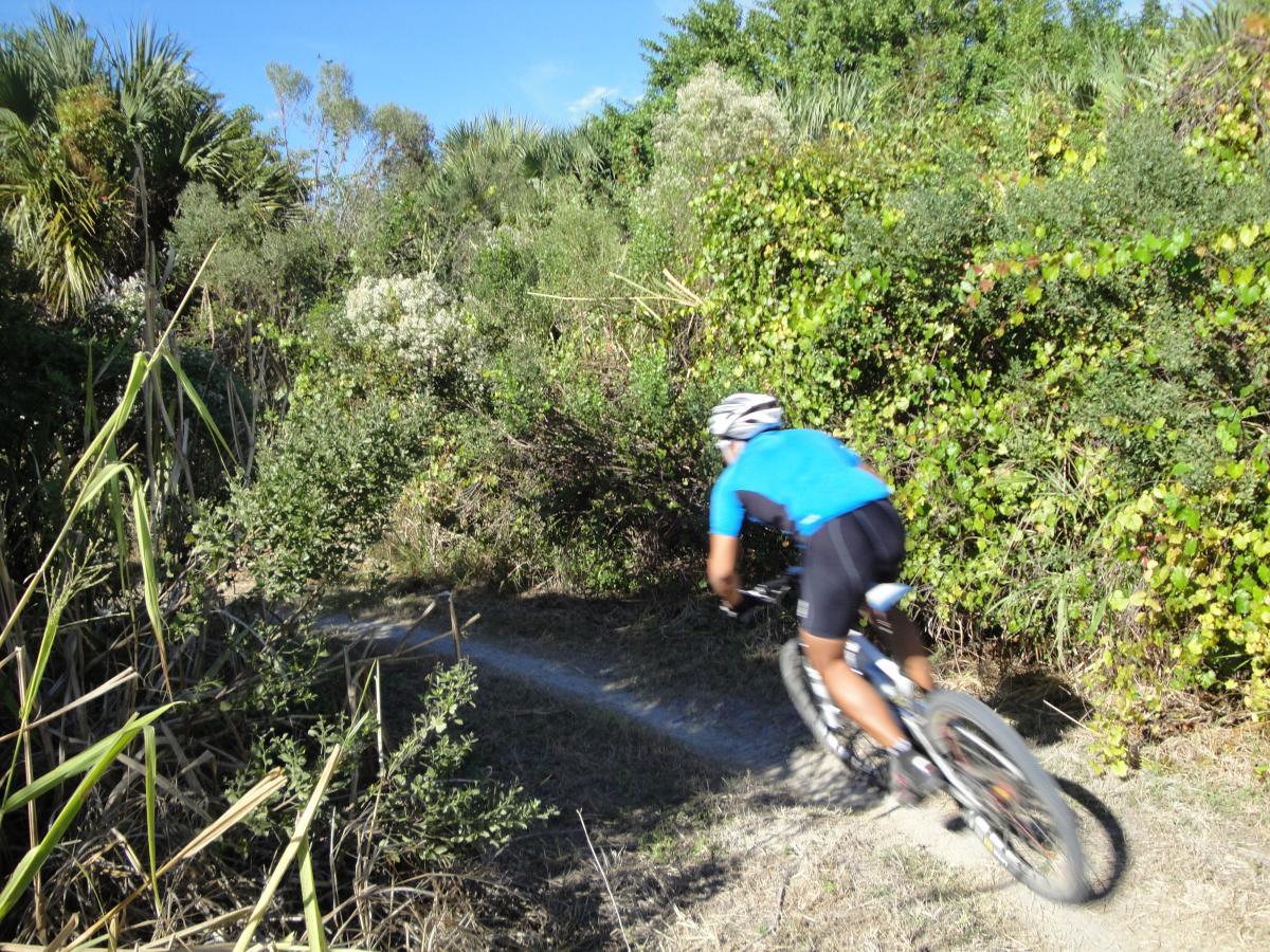 A person in a blue cycling jersey rides a mountain bike along a narrow dirt trail surrounded by lush greenery and sparse bushes under a clear blue sky. Caloosahatchee Regional Park mountain bike trail.
