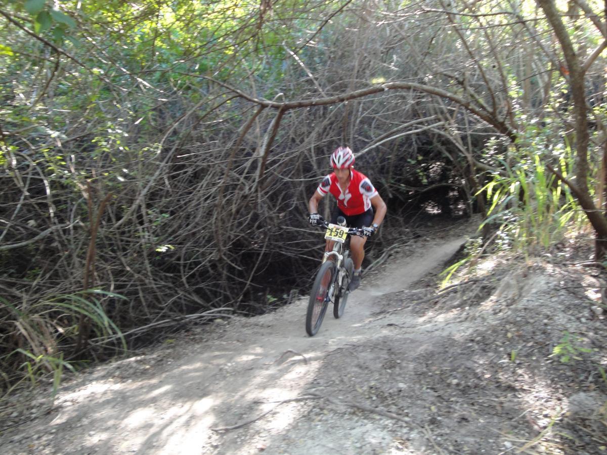 A mountain biker riding along a narrow dirt trail surrounded by dense vegetation. The cyclist, wearing a red and black jersey and a helmet, is navigating through a thicket of branches and plants. A race number is visible on the bike. Sunlight filters through the trees above, creating a natural, outdoor setting. Caloosahatchee Regional Park mountain bike trail.