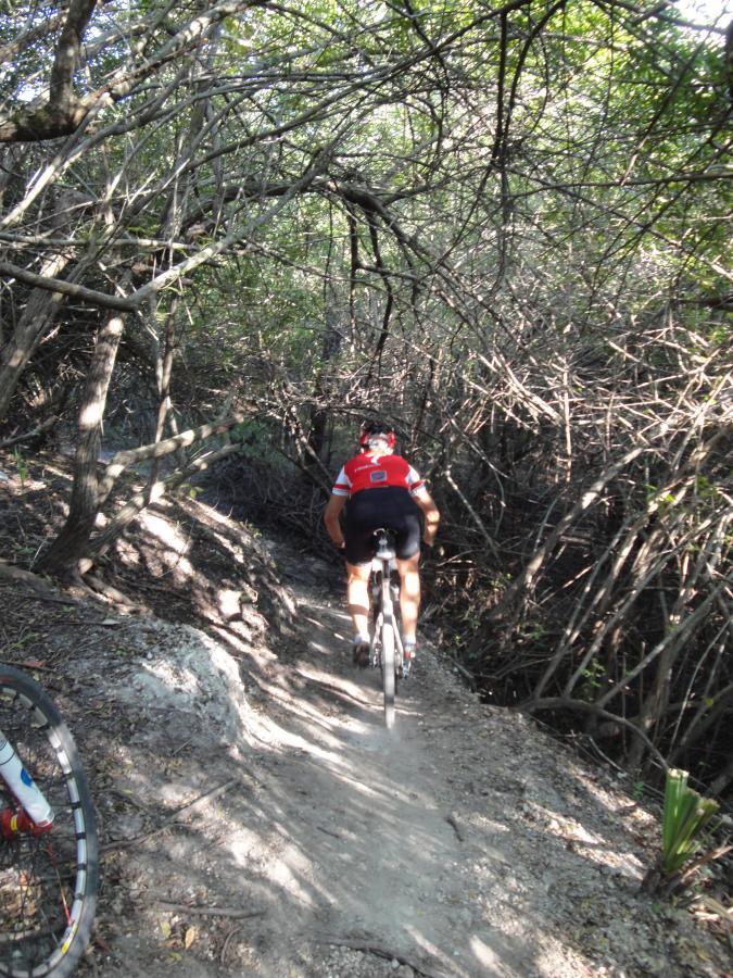 A mountain biker riding along a narrow dirt trail surrounded by dense underbrush and trees. The biker is wearing a red jersey and cycling shorts, heading into the shaded area of the woods, with a partially visible bike wheel in the foreground. Caloosahatchee Regional Park mountain bike trail.