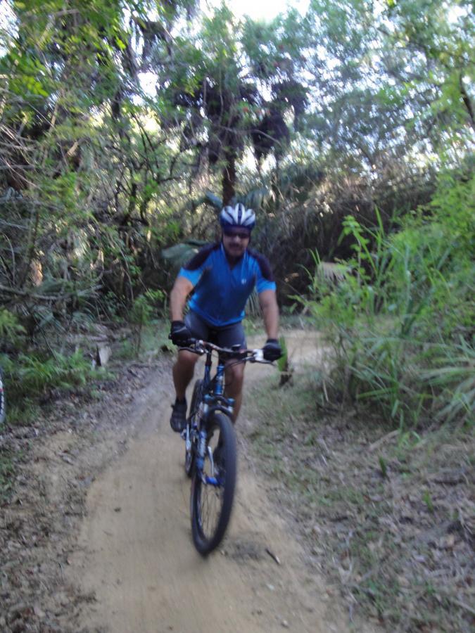 A person cycling on a dirt trail surrounded by lush greenery and trees. The cyclist is wearing a blue jersey and helmet, navigating the path with focus. Caloosahatchee Regional Park mountain bike trail.