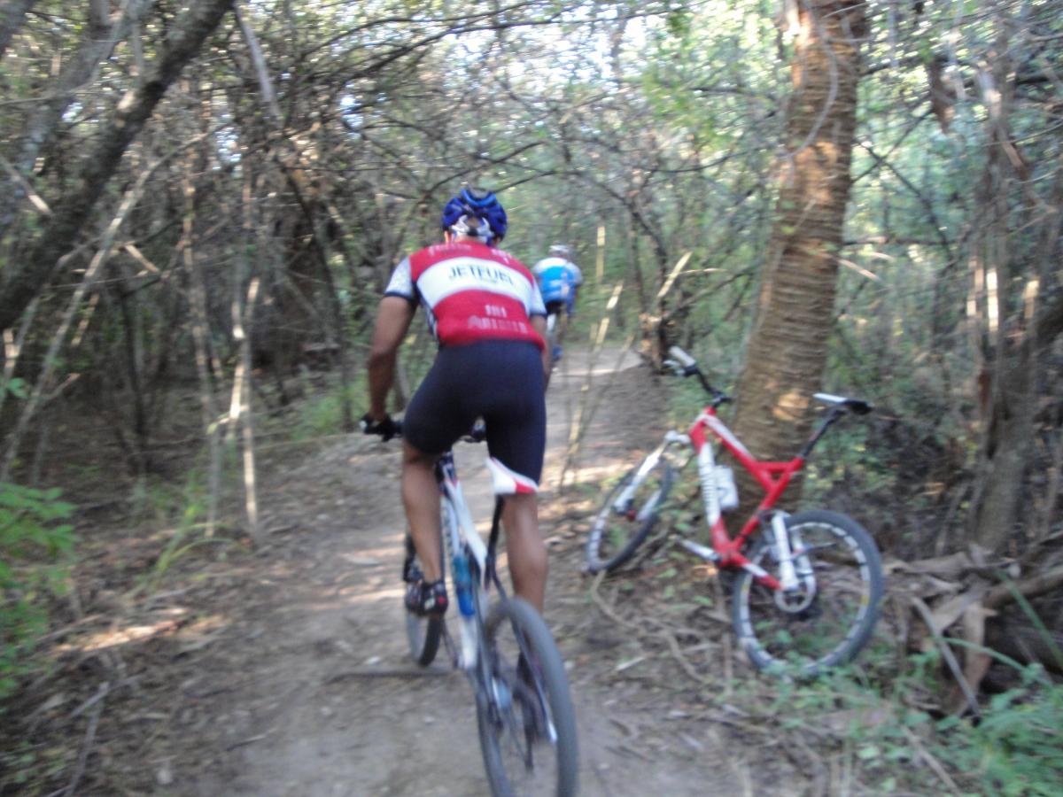 A cyclist in a red and white jersey rides along a narrow dirt path surrounded by dense vegetation. Two mountain bikes are visible, one in red propped against a tree. The scene captures the thrill of outdoor biking in a forested area. Caloosahatchee Regional Park mountain bike trail.