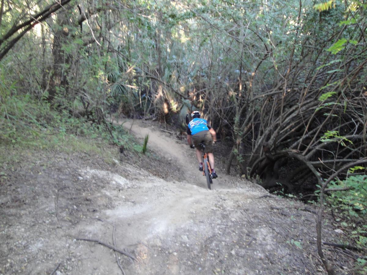Mountain biker riding down a dirt trail surrounded by dense greenery in a wooded area. Caloosahatchee Regional Park mountain bike trail.