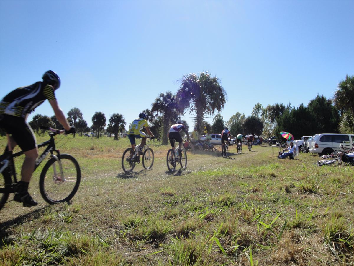 A group of mountain bikers riding on a grassy path under a clear blue sky. Several palm trees and picnic setups are visible in the background, along with parked vehicles. The cyclists are wearing colorful jerseys and helmets, contributing to an active outdoor atmosphere. Caloosahatchee Regional Park mountain bike trail.
