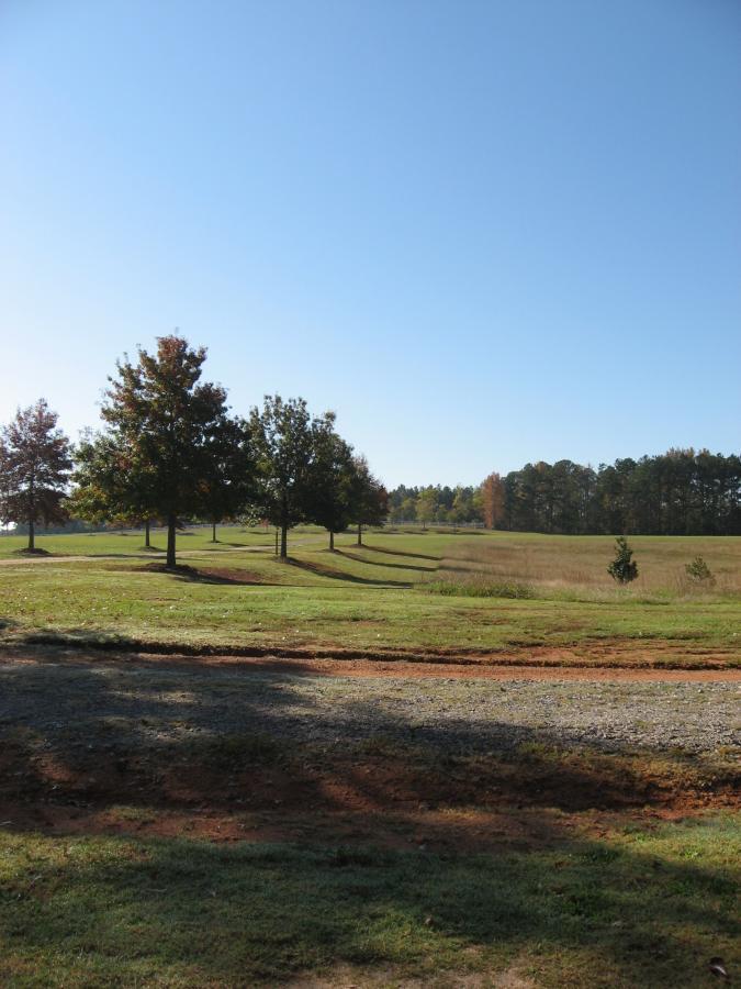 A serene landscape featuring several trees lining a grassy area, under a clear blue sky. The scene includes a gravel pathway in the foreground and a gentle slope leading to a field in the background, with a mix of green grass and patches of autumn foliage. Heritage Park mountain bike trail.