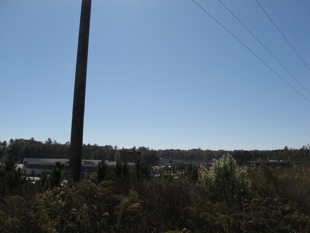 A clear blue sky over a landscape featuring a power pole on the left, with some tall grass and shrubs in the foreground. In the background, there are buildings and trees indicating a commercial area surrounded by greenery. Mitchell Bridge Loop mountain bike trail.