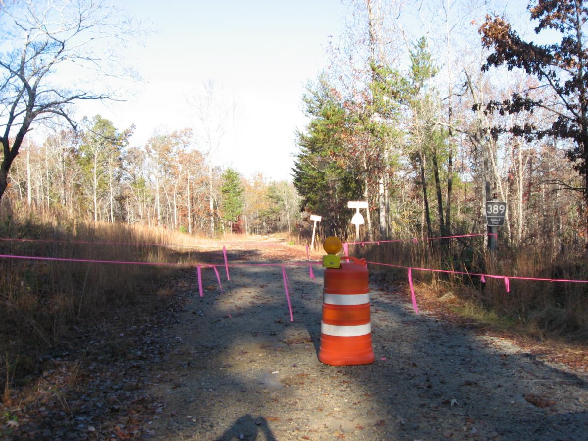 A gravel road is blocked by a construction barrier and pink caution tape, with a traffic cone at the center. Trees and overgrown vegetation are visible on either side of the road, which leads to a sign marked "389." The scene is set in bright daylight, indicative of a late autumn environment. Frady Branch mountain bike trail.