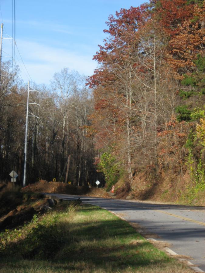 A winding road surrounded by trees displaying autumn foliage under a clear blue sky. Utility poles line the left side of the road, while a grassy area and construction signs are visible on the right. Currahee Mountain Road mountain bike trail.