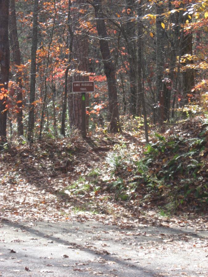 A wooden sign for the Lake Russell Trail stands at the edge of a forest path, surrounded by trees with autumn foliage. The ground is covered in fallen leaves, and the sunlight filters through the branches, creating a serene and inviting atmosphere. Lake Russell Loop mountain bike trail.