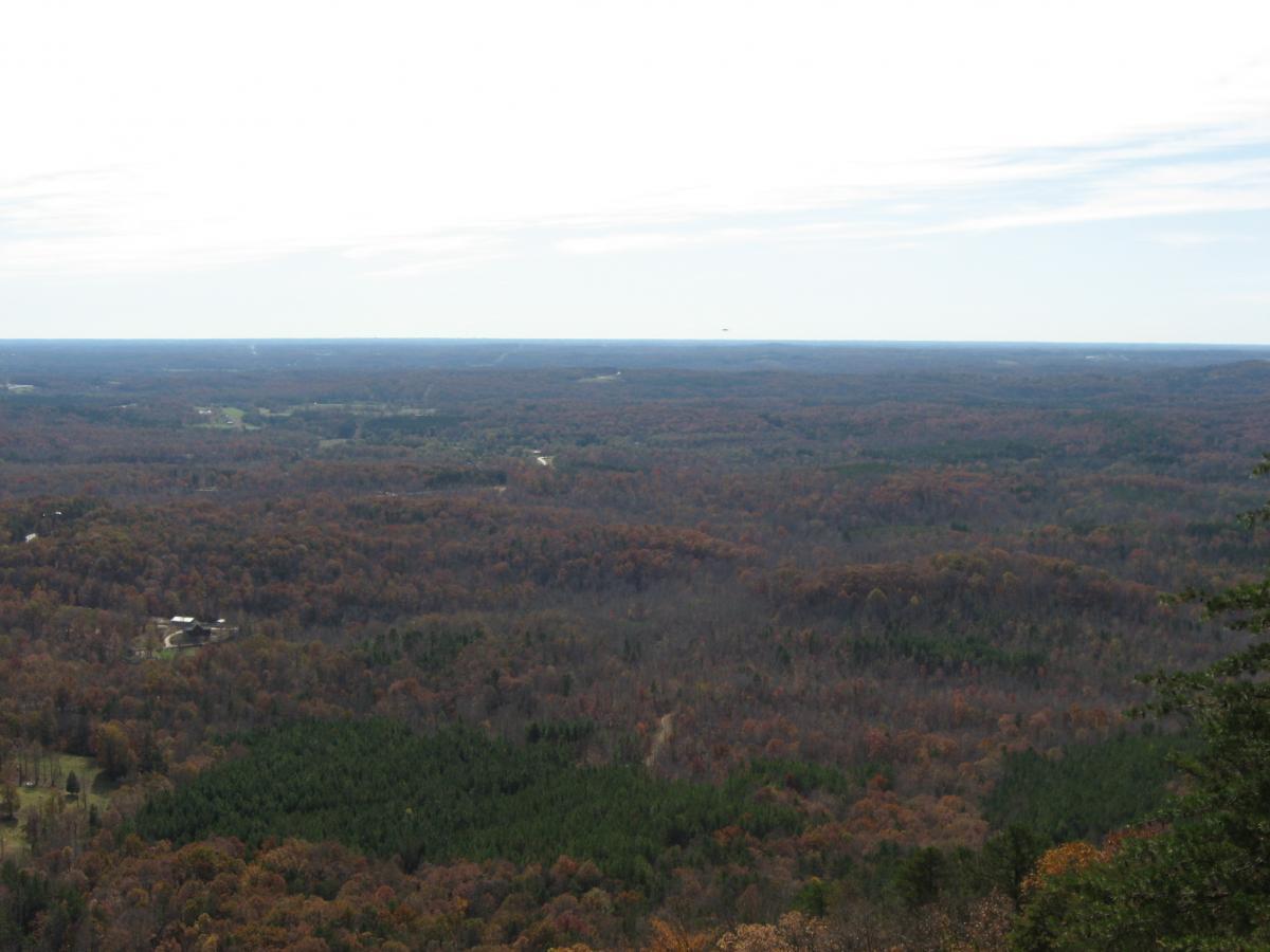 A panoramic view of a sprawling forest landscape during autumn, showcasing a rich tapestry of trees in various shades of orange, red, and green, under a bright sky with scattered clouds. The horizon stretches far into the distance, highlighting the natural beauty of the area. Frady Branch mountain bike trail.
