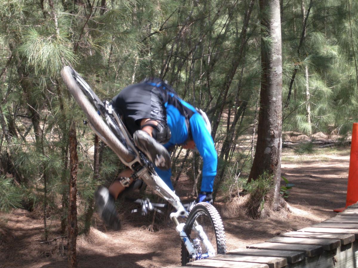 A mountain biker in mid-air performing a trick over a wooden bridge in a forested area. The rider is wearing a blue shirt and black shorts, with protective gear visible. Surrounding pine trees and a clear path can be seen in the background. Oleta River State Park mountain bike trail.