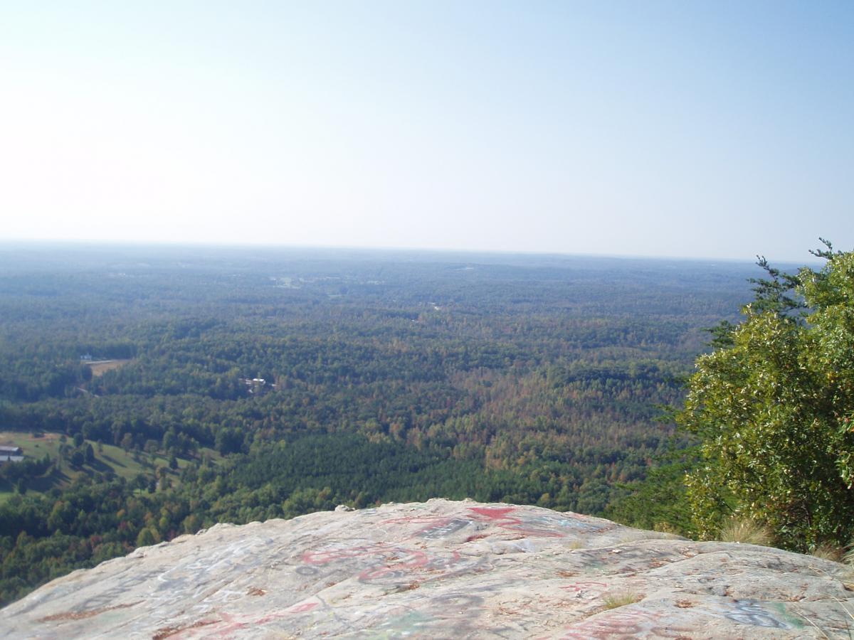 A scenic view from a rocky outcrop overlooking a dense forest stretching into the distance under a clear blue sky. The foreground features a stone surface with visible graffiti, while the background showcases various shades of green trees typical of a woodland landscape. Currahee Mountain Road mountain bike trail.
