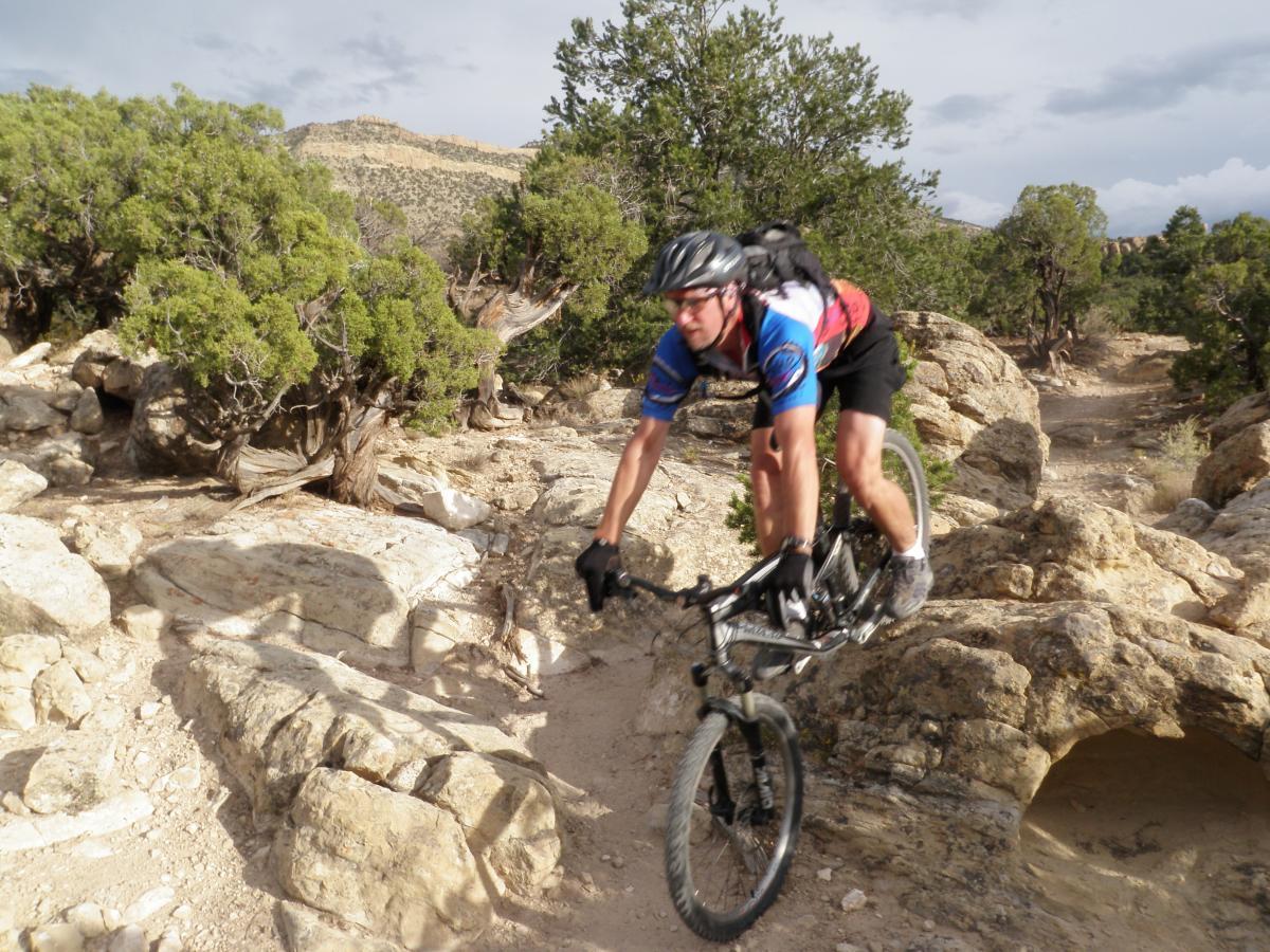 A mountain biker performing a jump on rocky terrain, surrounded by green trees and hills under a cloudy sky. Palisade Rim mountain bike trail.