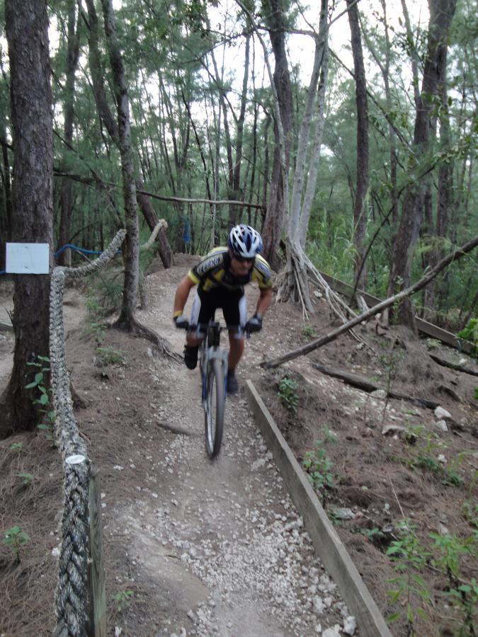 A cyclist in a yellow and black jersey rides swiftly along a narrow dirt trail in a wooded area, surrounded by trees and foliage. The path features wooden borders and is partially covered with gravel and pine needles, indicating a mountain biking trail. Oleta River State Park mountain bike trail.