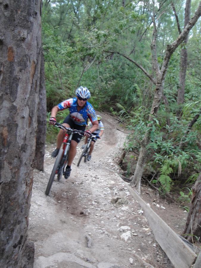 Two mountain bikers navigate a winding dirt trail through a lush, wooded area. One rider, wearing a colorful jersey and helmet, is positioned in front, focused on the terrain, while the second cyclist follows close behind. The trail is lined with trees, and the ground is rocky and uneven. Oleta River State Park mountain bike trail.