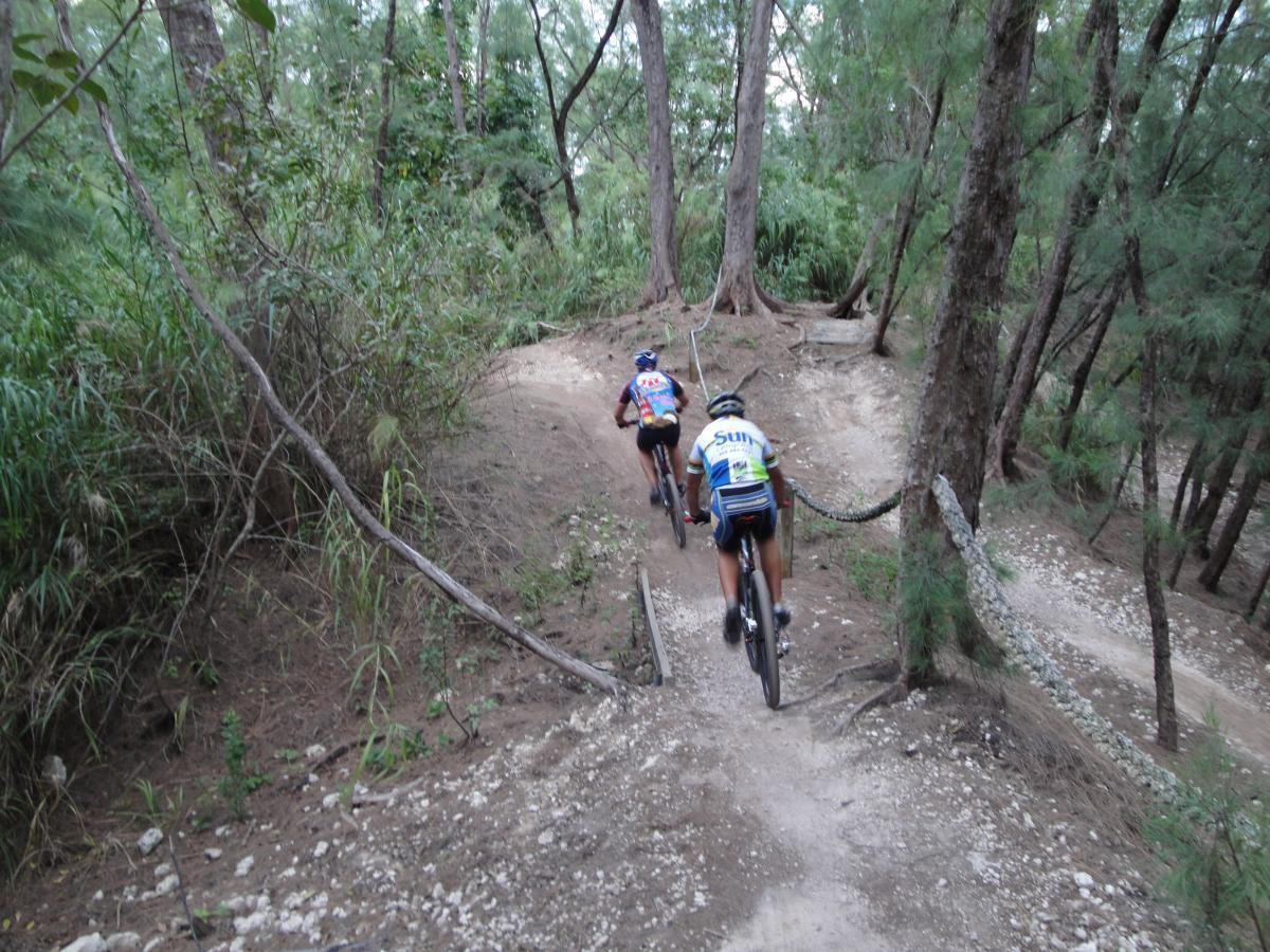 Two mountain bikers riding on a dirt trail through a wooded area, surrounded by trees and greenery. Oleta River State Park mountain bike trail.