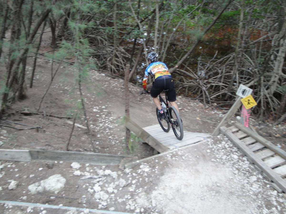 A mountain biker in a colorful jersey rides over a wooden bridge on a dirt trail surrounded by trees and mangrove roots. Oleta River State Park mountain bike trail.