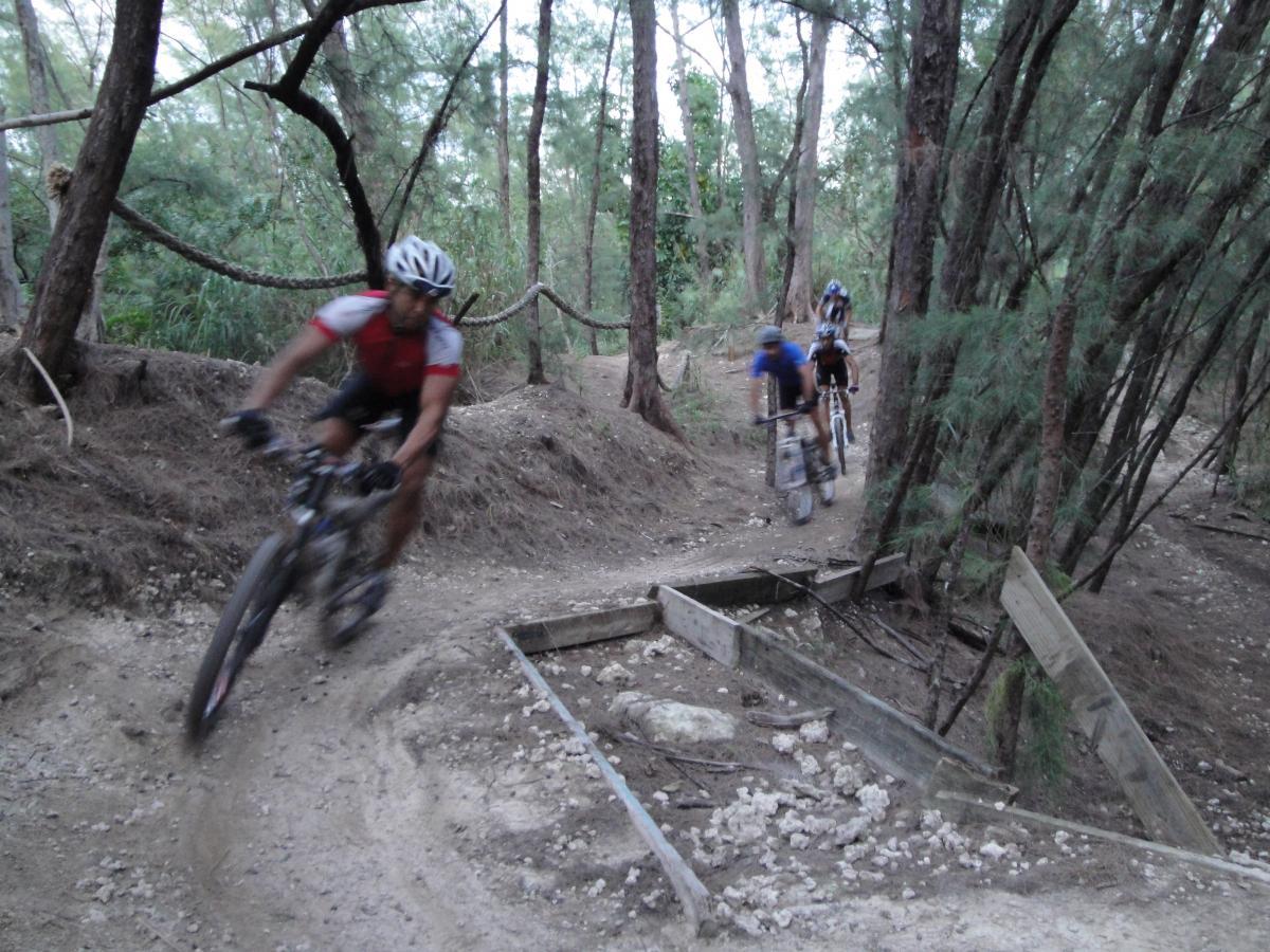 Mountain bikers navigating a dirt trail surrounded by trees, with one rider in motion in the foreground and two others following behind. The path shows a winding course with natural obstacles. Oleta River State Park mountain bike trail.