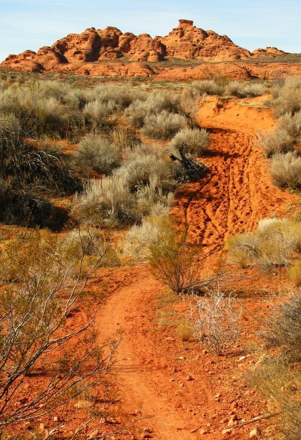 A winding dirt path leads through a rugged desert landscape, with reddish soil and sparse vegetation. In the background, distinctive rocky formations rise against a clear blue sky. The scene captures the raw beauty of the desert terrain. Prospector - Church Rocks Loop mountain bike trail.