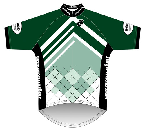 Design of a cycling jersey featuring a green and mint color scheme with geometric patterns, including stripes and diamond shapes. The jersey has short sleeves and includes logos on the sleeves and collar.