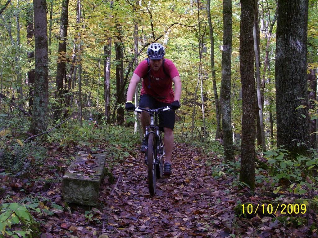 A person riding a mountain bike on a leaf-covered trail surrounded by trees in a forest during autumn. The cyclist is wearing a helmet and a red shirt, navigating through the natural landscape. Ohio View Trail mountain bike trail.