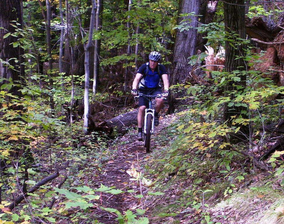 A person riding a mountain bike along a narrow, forested trail surrounded by trees and colorful foliage. The cyclist is wearing a helmet and cycling gear, navigating through a scenic outdoor environment. Ohio View Trail mountain bike trail.