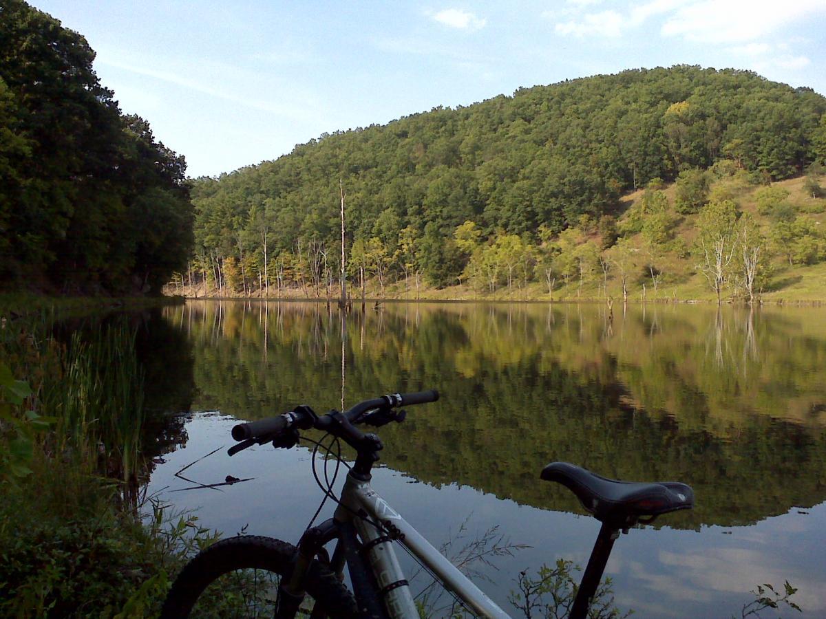 A scenic view of a calm lake surrounded by greenery and hills, with a mountain bike in the foreground resting on the shore. The water reflects the trees and hillside, creating a tranquil atmosphere. North Bend State Park mountain bike trail.