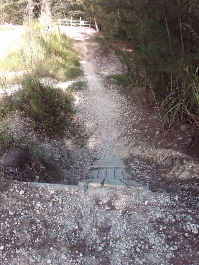 An unpaved path leading down a gentle slope, surrounded by tall grass and trees. The trail features a wooden ramp at the bottom, with a rocky surface and gravel along its sides. Oleta River State Park mountain bike trail.