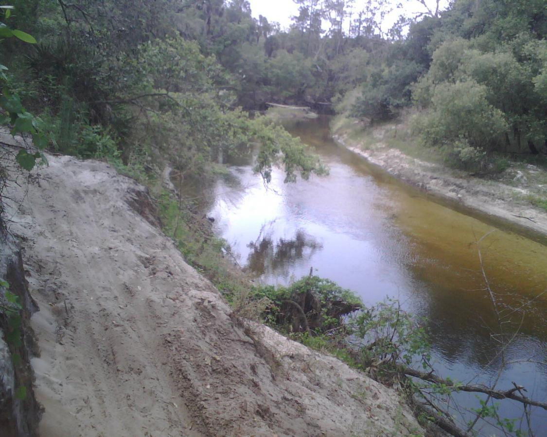A serene view of a shallow river winding through a lush, wooded landscape. The river reflects the surrounding greenery and sandy banks, with trees and foliage framing the scene. A dirt path runs alongside the river, leading into the natural surroundings. Little Big Econ State Forest mountain bike trail.
